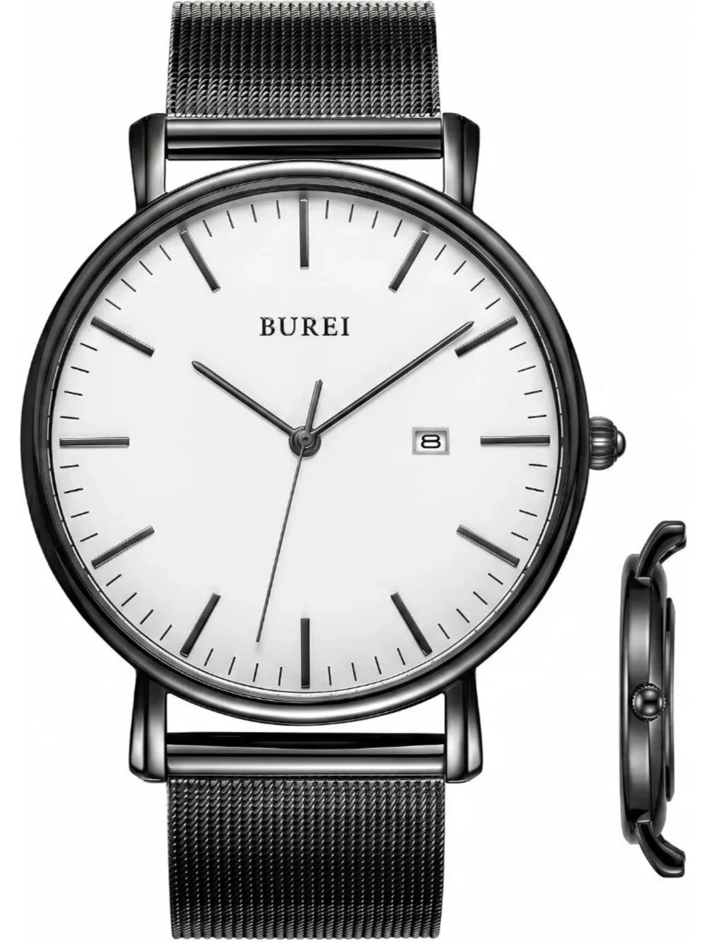 Men's Black White Stainless Steel Mesh Band Minimalist Analog Waterproof Watch